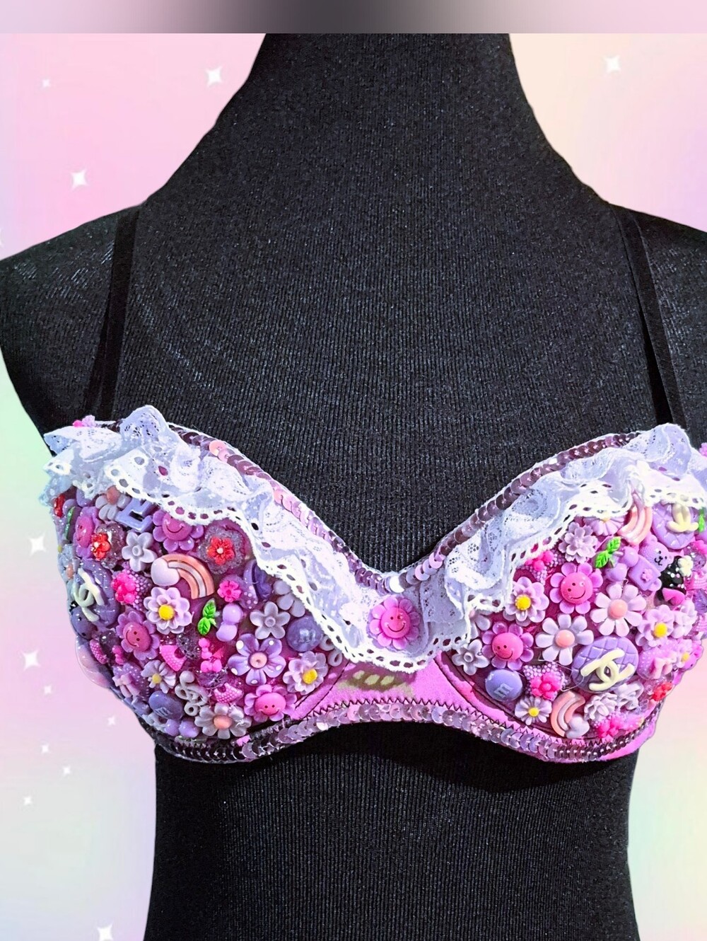 Purple Kawaii Cabochon Bra For Raves, Costume, Burlesque, Photoshoot
